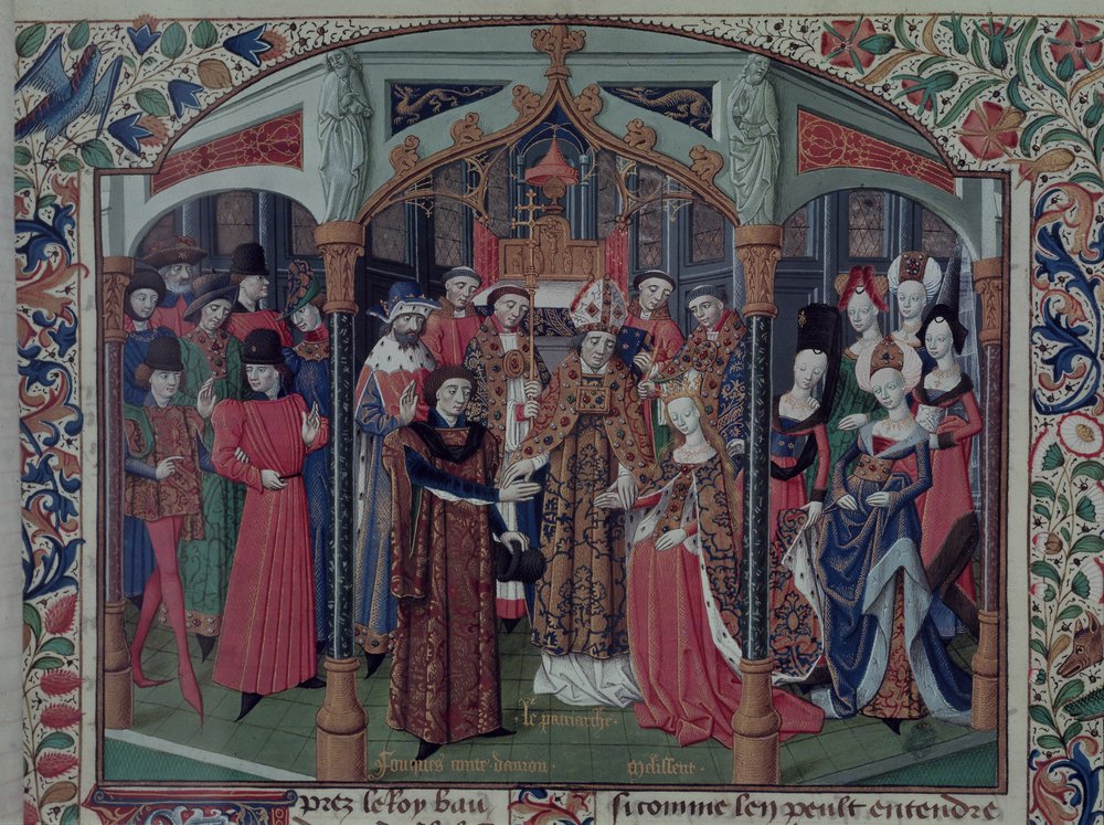 Ms Fr 2629 fol. 167: a rainha Melisenda de Jerusalém (1109-60) casa com Fulque V de Anjou (1092-1143), da Histoire de la conquête de Jérusalem de Guilherme de Tiro (c. 1130-85), c. 1470 de French School