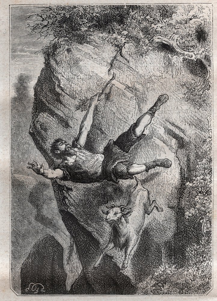 Selkirk rolou para cima e para baixo com sua presa; uma aventura de Alexandre Selkirk (Alexander Selcraig) (1676-1721), um marinheiro escocês abandonado na ilha de Juan-Fernandez no Oceano Pacífico) por quatro anos cuja aventura inspirou o romance de Danie de French School