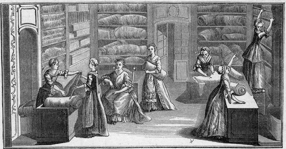 Loja de um "comerciante de moda" no século XVIII. Gravura em "La Marine et les colonies: comércio". de French School
