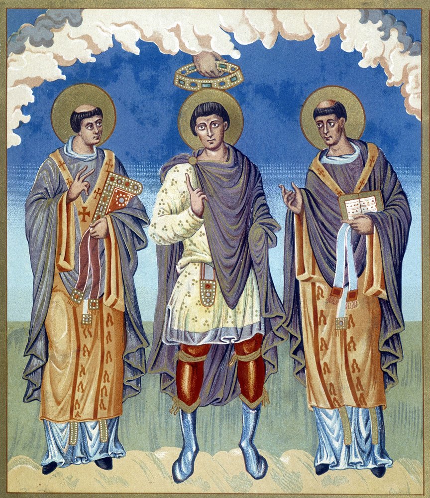 Coroação simbólica de um príncipe franco rodeado por religiosos. Ilustração retirada de «A França no século IX». de French School