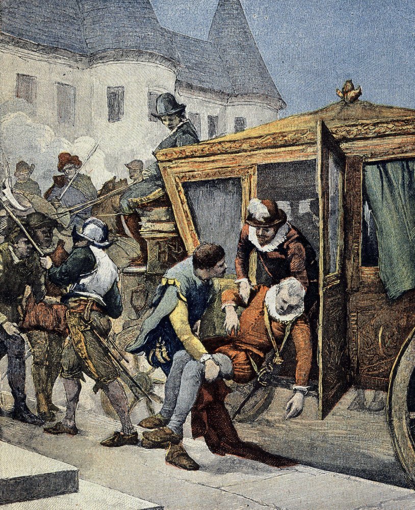 O assassinato de Henrique IV em 14/05/1610. Capa de "Le Petit Français Illustré" de 12/05/1900. de French School