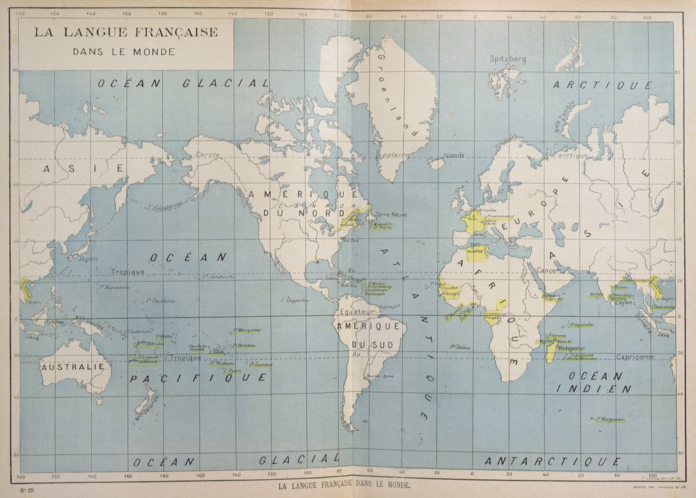 Mapa-múndi dos países francófonos, início do século XX de French School