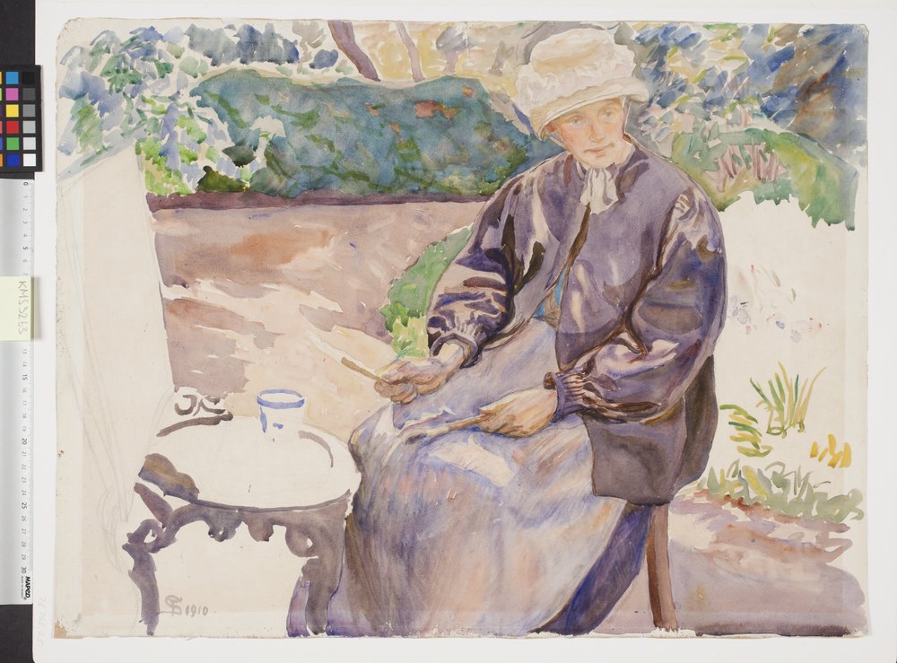 A esposa do artista, a pintora Anna Syberg, no jardim do ferreiro