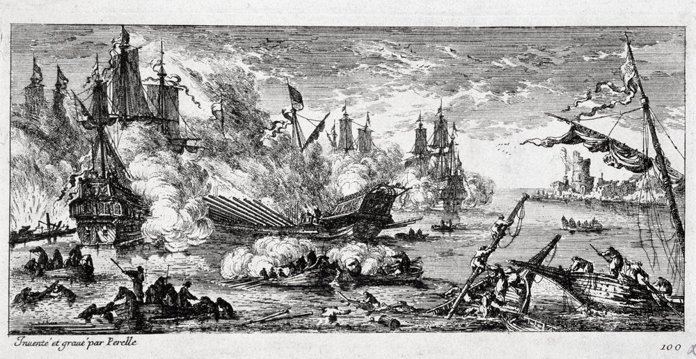 Batalha Naval de Agosta (actualmente Augusta na Sicília) entre a frota francesa e uma aliança espanhola e holandesa em 22 de Abril de 1676. Também chamada Batalha do Monte Gibel (Monte Gibel) ou Batalha de Famagusta. de Gabriel Perelle