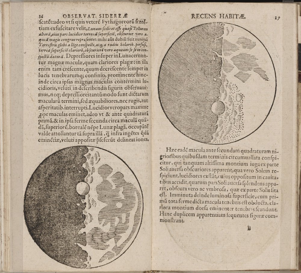 Folha do livro Sidereus Nuncius Sidereal Messenger por Galileo