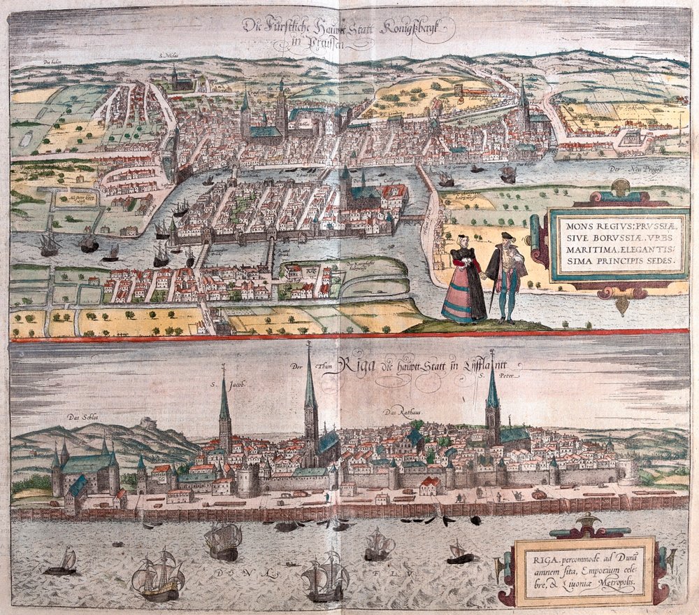 Konigsberg (Alemanha e Polónia), Riga (Letónia) - em "Civitates Orbis Terrarum" de Georg Braun, Colónia 1617 de Georg Braun
