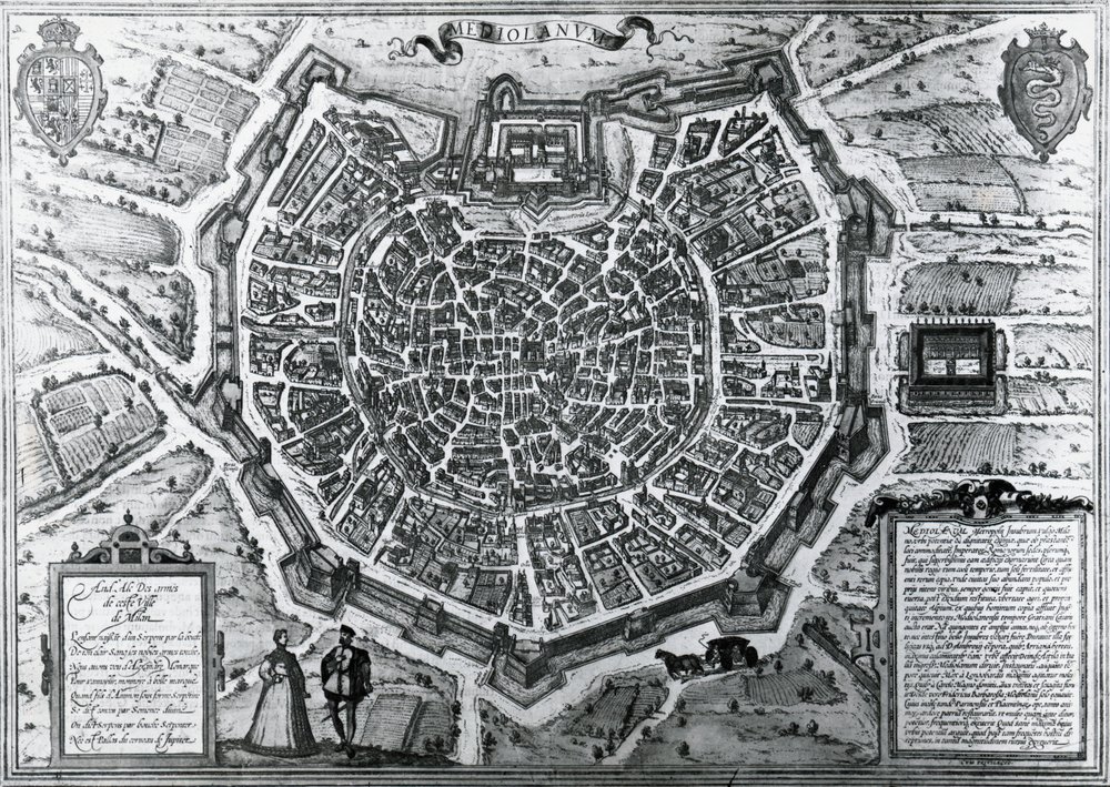 Mapa da cidade de Milão, em 1572, por Antonio Lafreri (1512-1577), publicado por Georg Braun e Franz Hogenberg, Itália de Georg Braun and Hogenberg Franz
