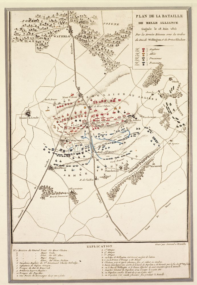 Mapa da Batalha de Waterloo de Georg Braun and Hogenberg Franz