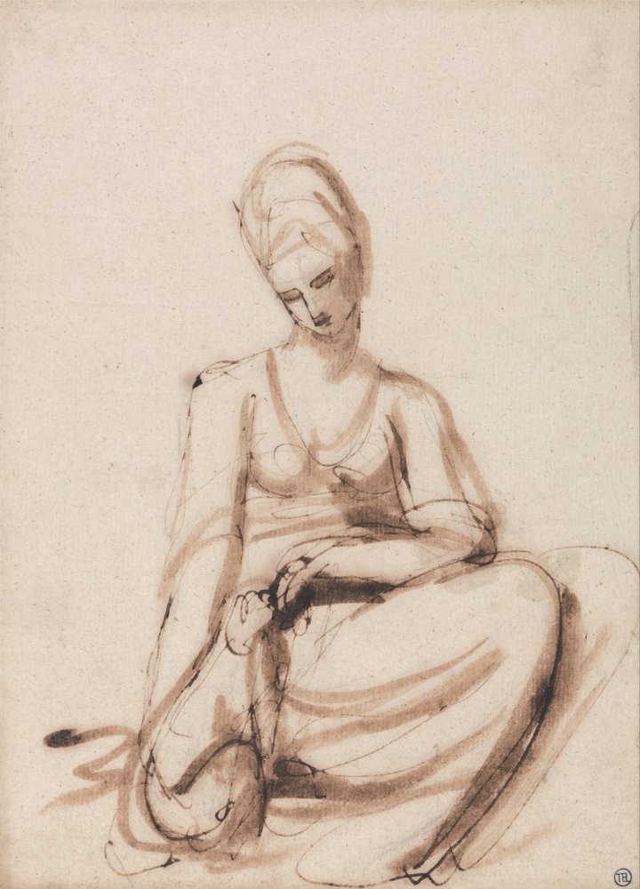 Mulher sentada alimentando um animal de George Romney