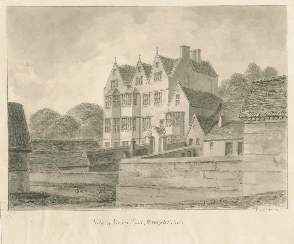 Weston-on-Trent - Hall: desenho em sépia, 1841 de George Buckler