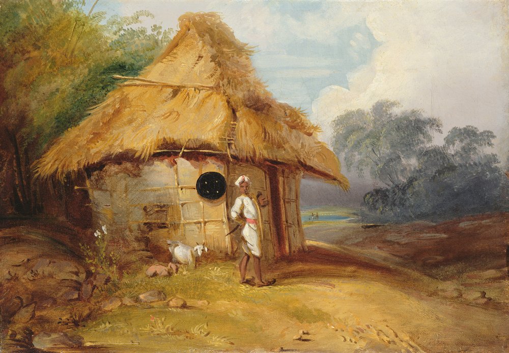 Vista no sul da Índia, com um guerreiro fora de sua cabana, c.1815 de George Chinnery