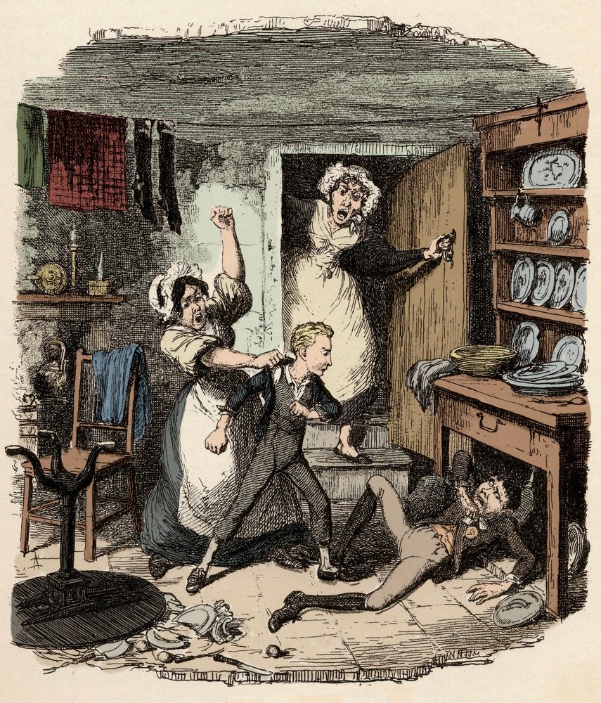 Oliver arranca um espírito - Ilustração para "Oliver Twist" (Olivier) (The Adventures of Oliver Twist) de Charles Dickens (1812-1870), par George Cruikshank (1792-1878) de George Cruikshank
