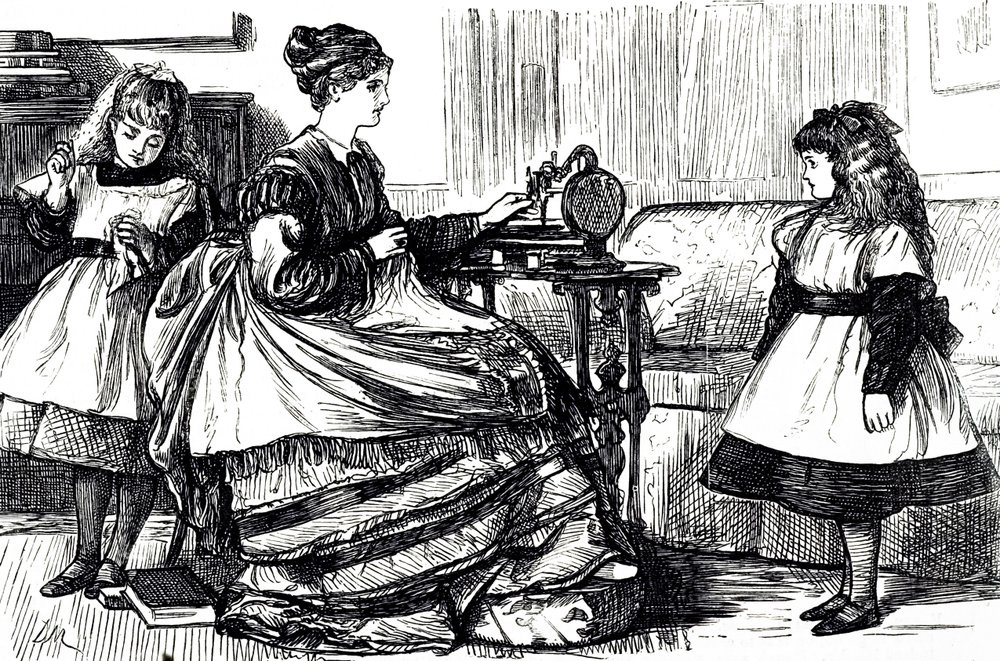 Um desenho animado retratando uma jovem mãe usando uma máquina de costura. Ilustrado por George du Maurier (1834-1896), cartoonista e autor franco-britânico de George du Maurier