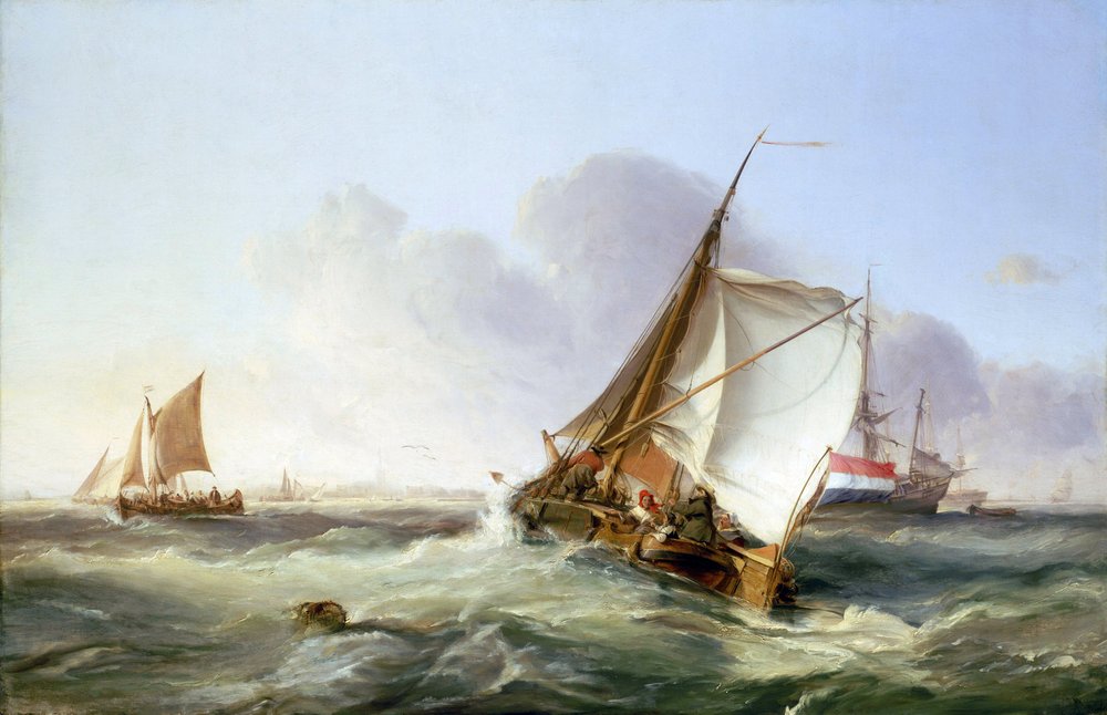 Um boeier (veleiro comercial holandês) ao vento. Óleo sobre tela de George the Elder Chambers
