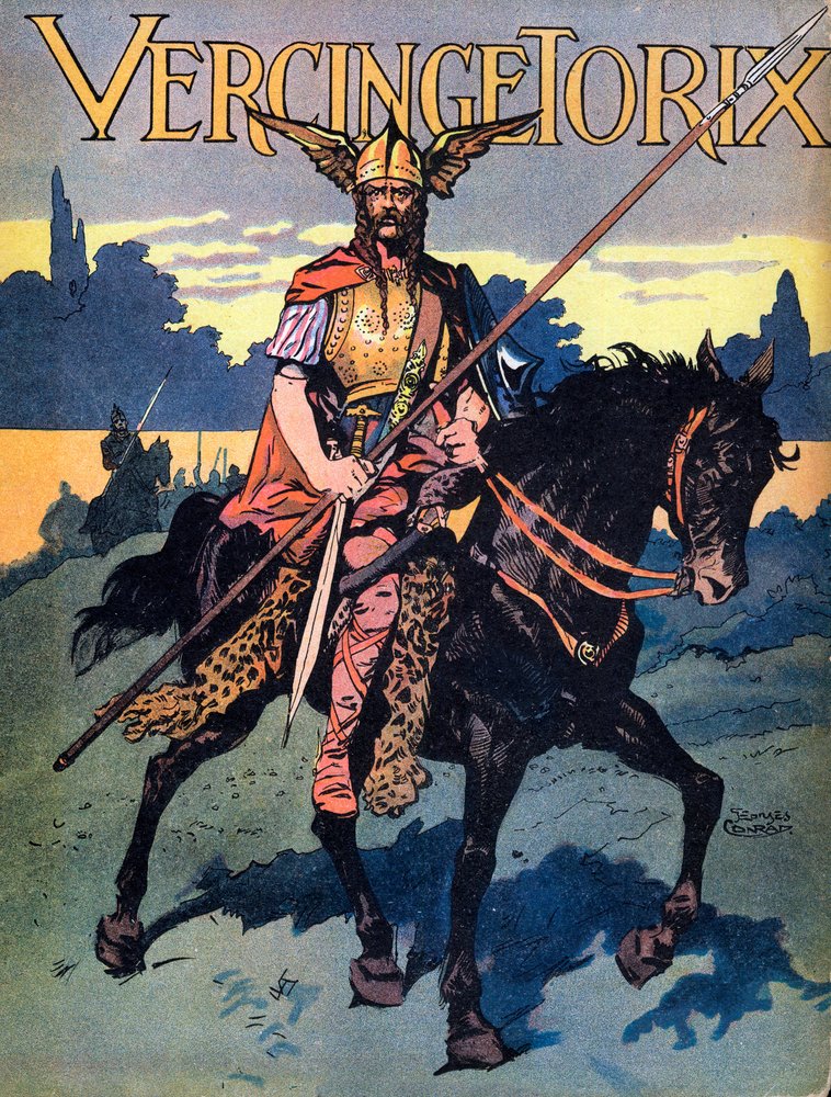 Retrato de Vercingétorix (c. 80 - c. 46 a.C.), guerreiro e líder gaulês da tribo dos Arvernos (Retrato de Vercingétorix, 82 a.C. - 46 a.C., chefe da tribo dos Arvernos). Ilustração de Georges Conrad (1874-1936), retirada de Nos Gloires Nationales, cerca de Georges Conrad