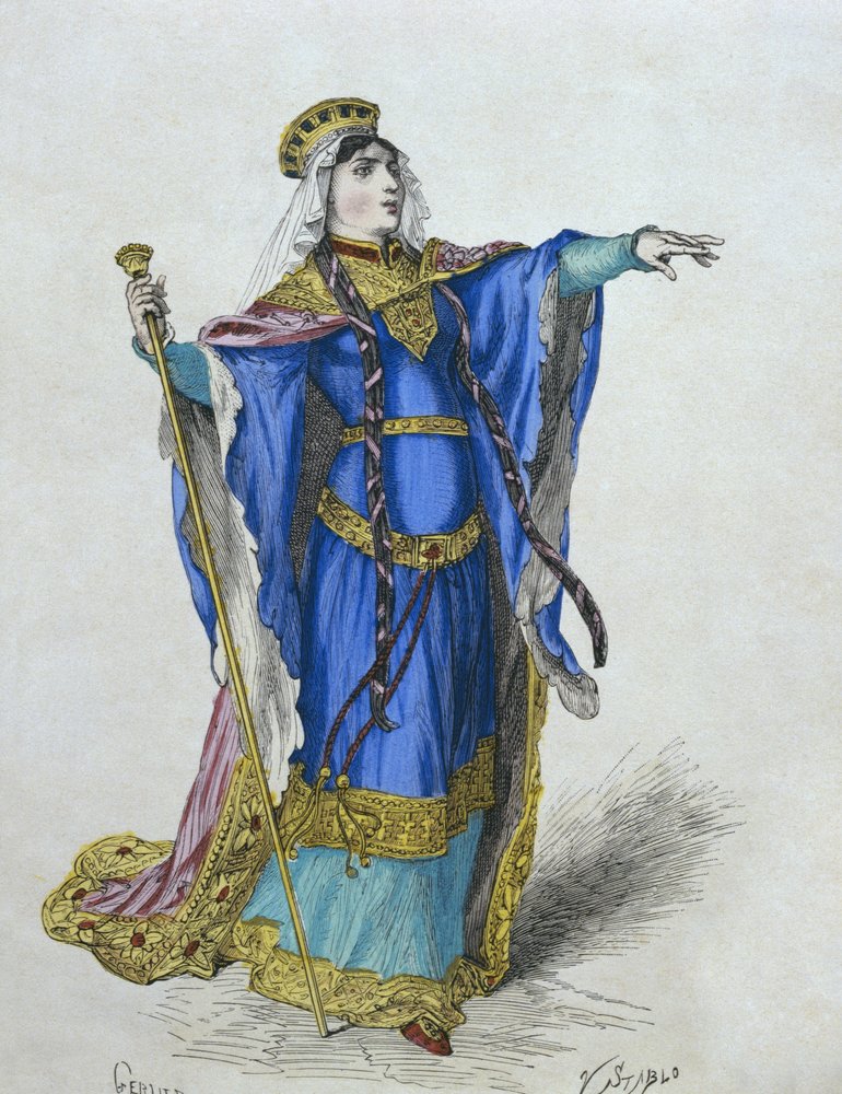 Rainha merovíngia, ilustração de &39;trajes de Paris a les les siecles&39; por H. Gourdon de Genouillac, gravada por Stablo (século XIX) (gravura a cores) de Gerlier