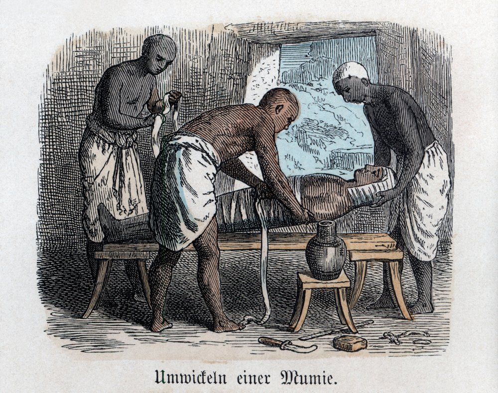História Antiga. Egito. Preparação de uma múmia ... (gravura) de German School