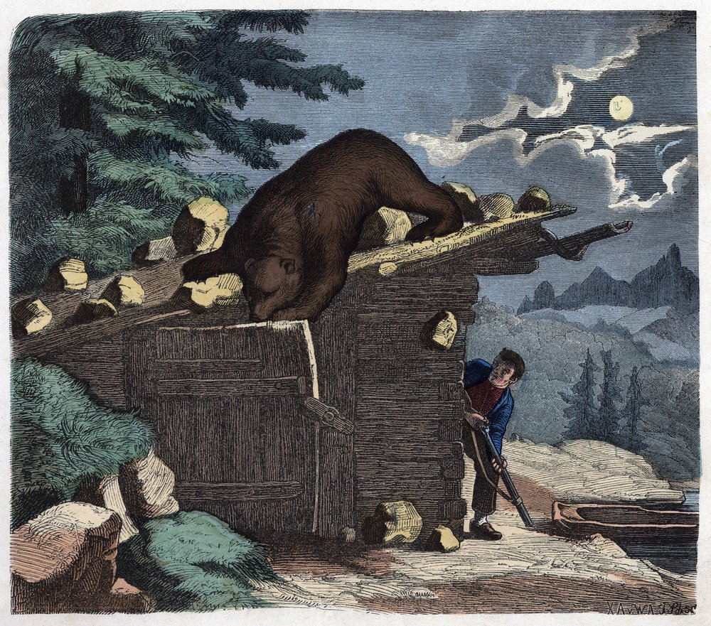 Caçador a querer matar o urso da floresta alpina. Em "Wenn Jemand eine Reise thut, so kann erzahlen" (Quando alguém viaja, isto é o que ele pode dizer), conto alemão de Franz Wiedemann de German School
