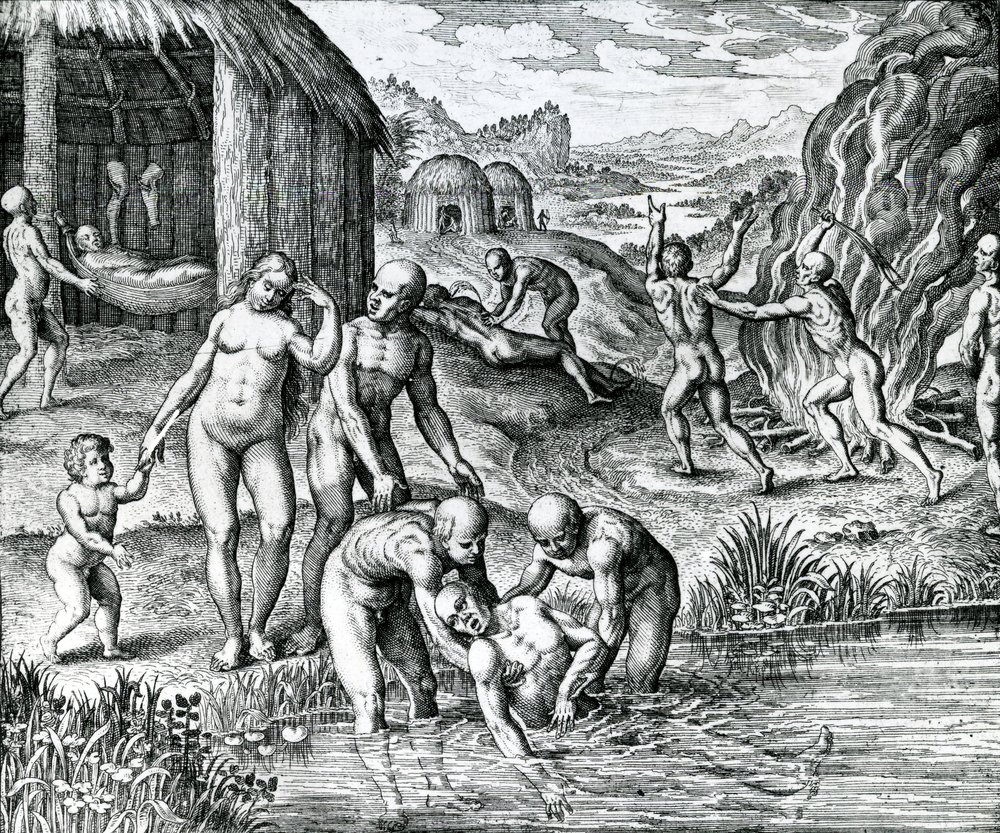 Quibus remediis contra morbos utantur Indiani, ilustração extraída de "Pars Decima Americae" publicada por Hieronymous Galler de German School