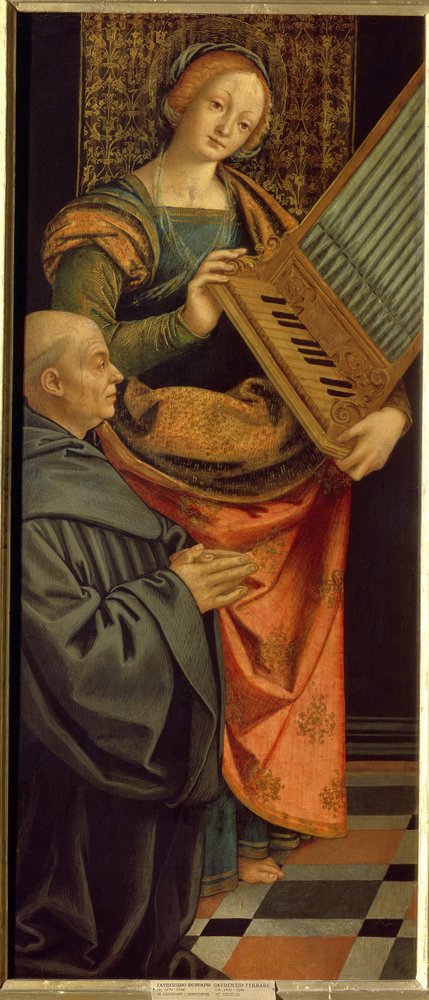 Santa Cecília de Roma (século III) (Santa Cecília). Transportando um órgão, com um monge ajoelhado em oração a seus pés. Pintura de Gerolamo Giovenone (1490-1555), tempera sobre madeira, depois de 1530. Arte italiana (Milão) de Gerolamo Giovenone