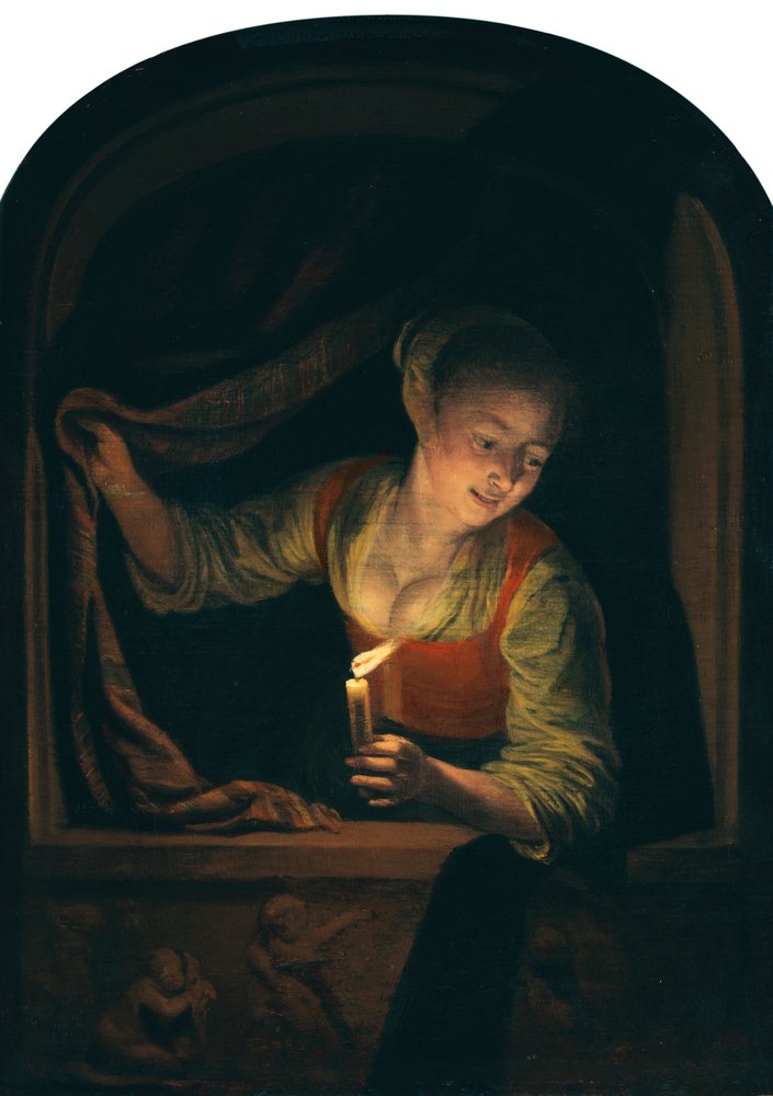 Holandês: Mulher jovem com uma vela acesa numa janela de Gerrit Dou