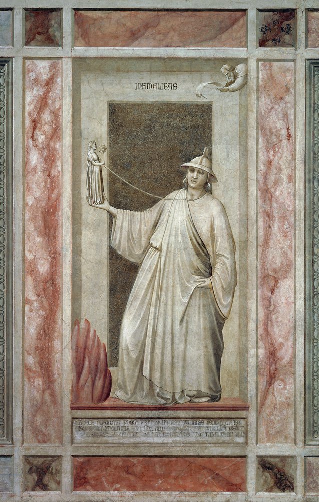 Infidelidade (também chamada Idolatria), figura masculina que se afasta de Deus e segura um ídolo que o mantém atado pelo pescoço, de Giotto, pormenor do ciclo de frescos Os vícios e as virtudes, após o restauro, Capela dos Scrovegni, Pádua, Véneto de Giotto (c.1266-1337)