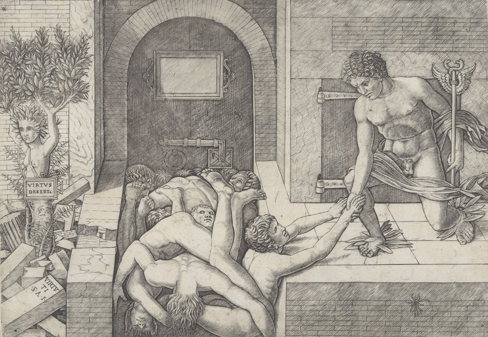 Ignorância e Mercúrio uma alegoria da Virtude e do Vício, Mercúrio ajoelhado à direita..., ca. 1490-1525. de Giovanni Antonio da Brescia