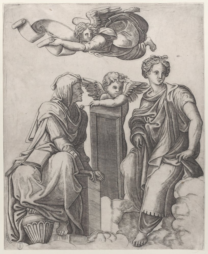 Duas figuras femininas sentadas nas nuvens ladeando um anjo e outra voando acima ..., ca. 1510-25. de Giovanni Antonio da Brescia