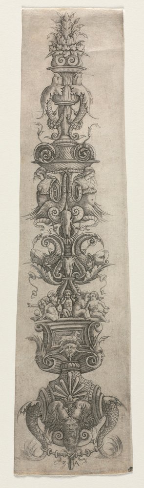 Arabesco vertical com máscaras, cupidos e nereidas de Giovanni Antonio da Brescia