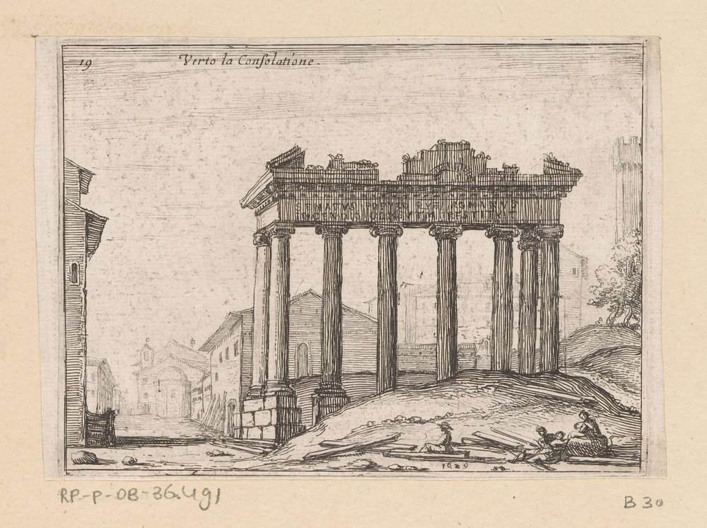 Vestígios do Templo de Saturno no Fórum Romano em Roma
Verto la Consolatione (título sobre o objecto)
Vistas de Roma (título da série)
Alcune vedute et prospettive di luoghi dishabitati di Roma (título da série) de Giovanni Battista Mercati
