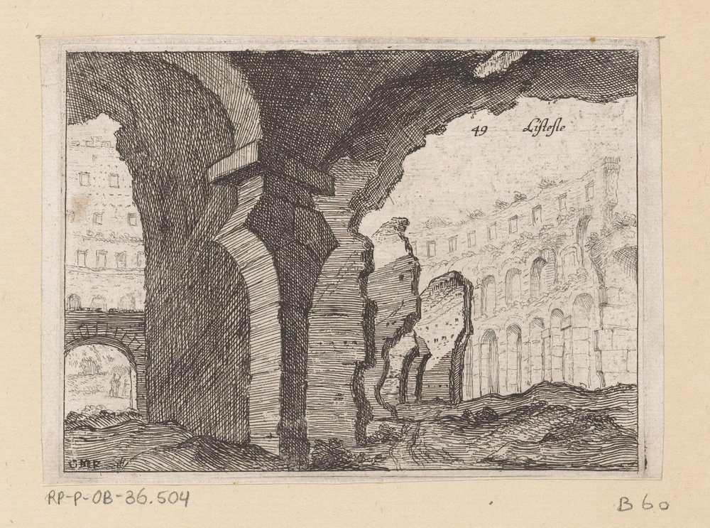 Resten van het Colosseum te Rome
Listesso (título sobre o objecto)
Gezichten op Rome (título da série)
Alcune vedute et prospettive di luoghi dishabitati di Roma (título da série) de Giovanni Battista Mercati