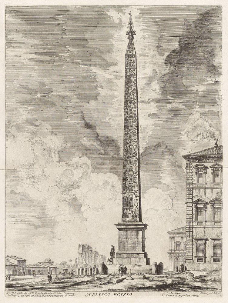 Obelisco egípcio. Este foi erigido pelo papa Sisto V na Piazza di S. Gio. Laterano, de Vedute di Roma (Vistas de Roma) de Giovanni Battista Piranesi