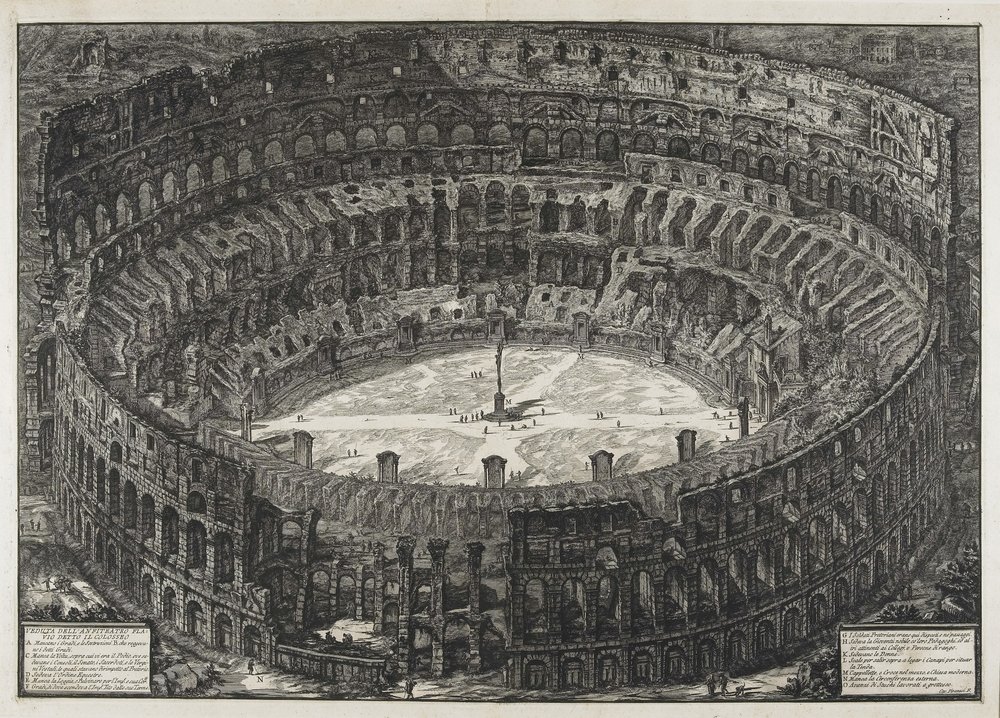 Vista do Anfiteatro Flaviano, chamado Coliseu, de "Views of Rome de Giovanni-Battista Piranesi
