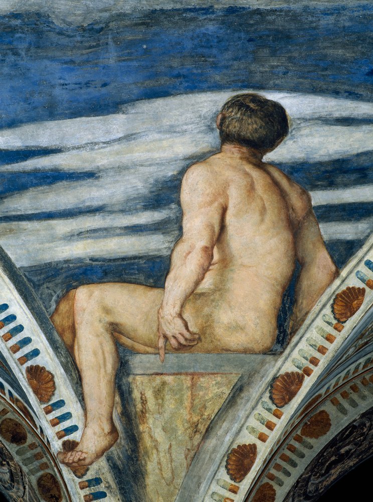 Nu masculino, Detalhe dos afrescos de Girolamo Romanino (ca. 1484-após 1559), encomendado por Bernardo Clesio de Girolamo Romanino