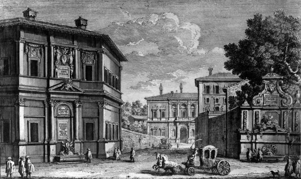 Vista do Cassino da Vinha e da Villa Giulia além, c.1761 (gravura) de Giuseppe Vasi