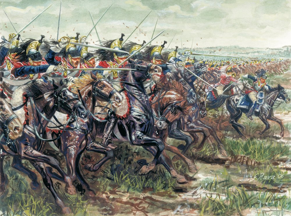 Primeiro Império (1804-1814): a carga dos navios de guerra do Grande Exército de Napoleão I - Ilustração de Giuseppe Rava de Giuseppe Rava