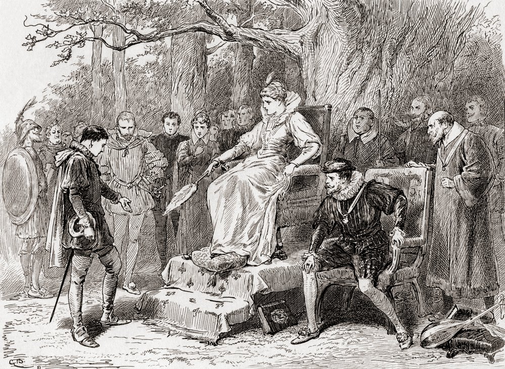 Uma cena de William Shakespeares toca Loves Labors Lost, Ato V Cena 2, Mercade: Sinto muito, madame; porque as notícias que trago são pesadas na minha língua, de The Works of William Shakespeare, publicado em 1896 de Gordon Frederick Browne