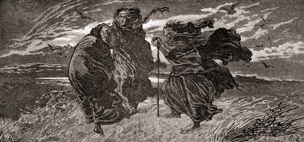 Uma cena de William Shakespeare interpreta Macbeth, Ato I, Cena I, Primeira Feiticeira: Quando nos encontraremos novamente, em trovão, relâmpago ou em chuva , em The Works of William Shakespeare, publicado em 1896 ( de Gordon Frederick Browne