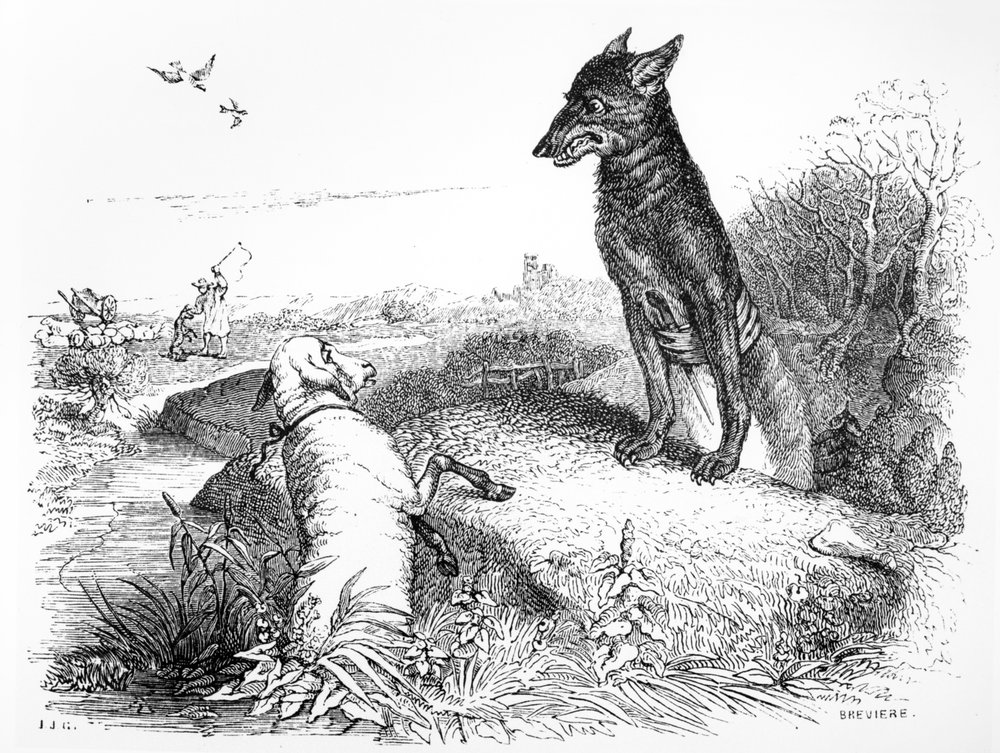O lobo e o cordeiro, ilustração para as «Fábulas» de La Fontaine, publicadas por H. Fournier Ainé, 1838 de Grandville