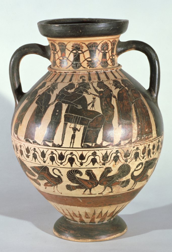 Ânfora ático-coríntia representando Zeus no seu trono durante o nascimento de Atena de Greek