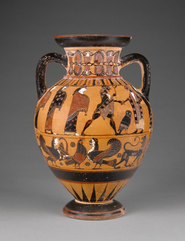 Ânfora de pescoço eubeia de figuras negras decorada com o julgamento de Páris, c. 570-60 de Greek