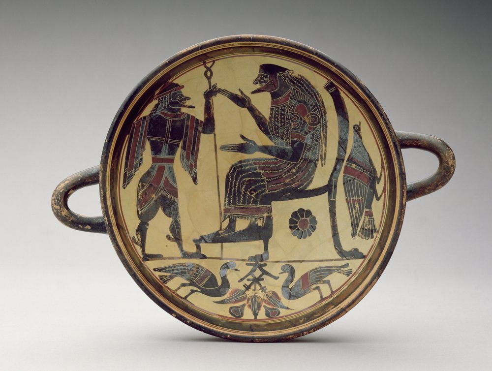 Taça kylix laconiana representando Zeus e Hermes, c.550-530 aC