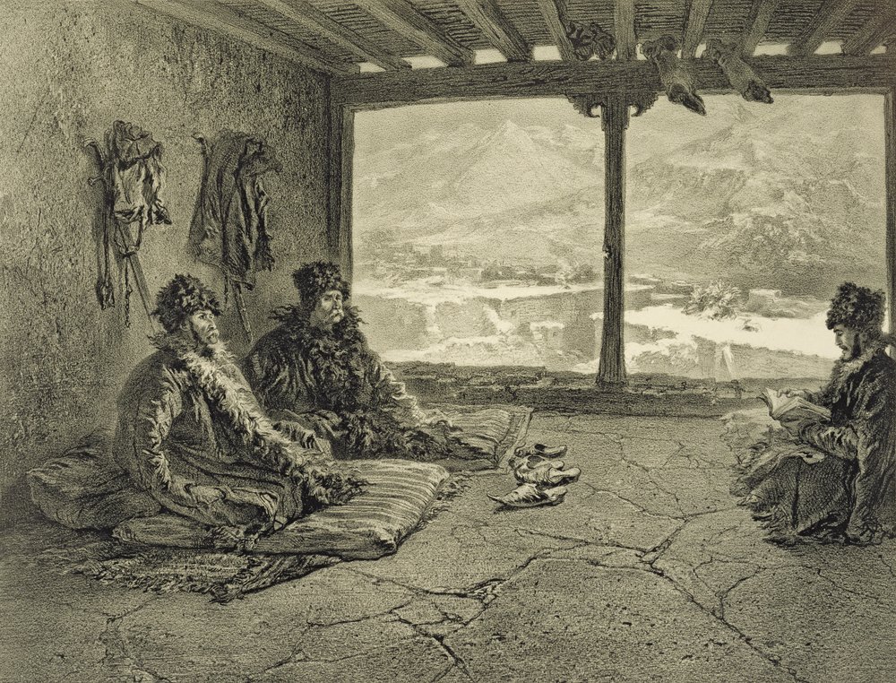 Palestra Sharia em Khosrakh, Daguestão, prato 50 de um livro sobre o Cáucaso, gravado por Adolphe Mouilleron (1820-81), publicado por Alfred Leon Lemercier, Paris, 1847 de Grigori Grigorevich Gagarin