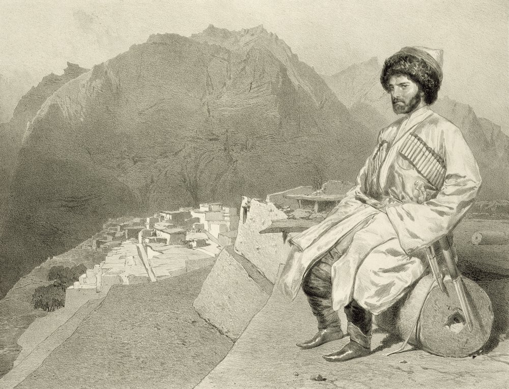 Vista de Ghimri e Retrato de Hadji-Mourad, prato 66 de um livro sobre o Cáucaso, gravado por Jules Joseph Augustin Laurens (1825-1901) e Eugene Ciceri (1813-90) por Adolphe Mouilleron (1820-1881), pu de Grigori Grigorevich Gagarin