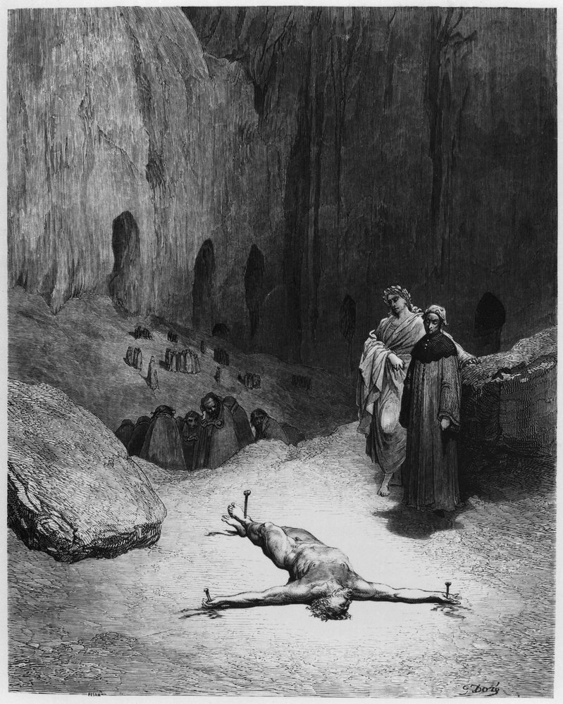 Homem crucificado, ilustração da «Divina Comédia» (Inferno) de Dante Alighieri (1265-1321), Paris, publicada em 1885 de Gustave (after) Dore