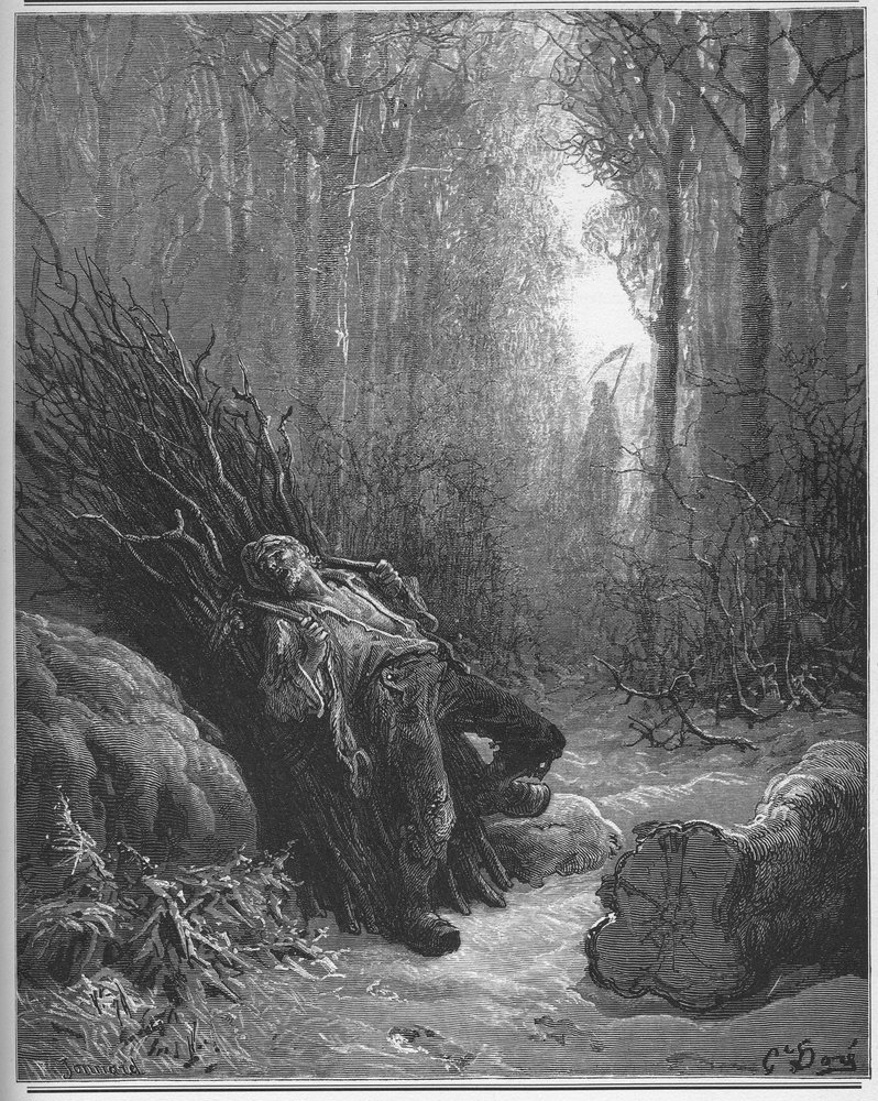 A morte e o lenhador - das „Fábulas“ de Jean de La Fontaine (Lafontaine) (1621-95) - gravura segundo Gustave Doré (1832-83) - Colecção particular de Gustave (after) Dore