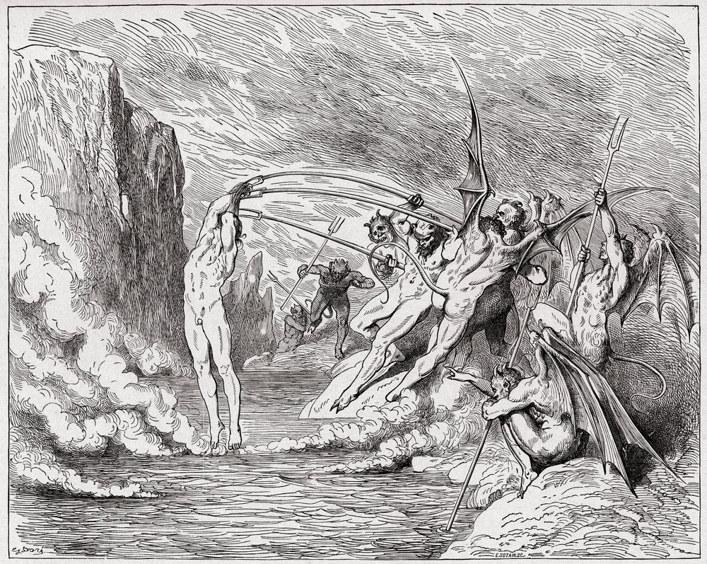 A Divina Comédia (La Divina Commedia, La Divina Comedie), Inferno, Canto 21: Demónios atormentam os barradores - de Dante Alighieri (1265-1321) - Ilustração de Gustave Dore (1832-1883) de Gustave Dore