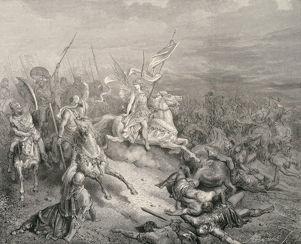 A Bíblia Sagrada. 1866. O anjo dos Macabeus. Gravura de Gustave Dore