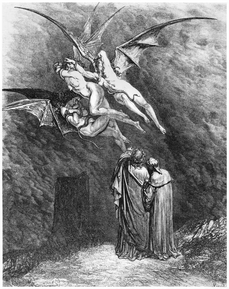 Virgílio (70-19 aC) Dante e as Erínias, ilustração da "Divina Comédia" (Inferno) de Dante Alighieri (1265-1321) Paris, publicada em 1885 de Gustave Dore