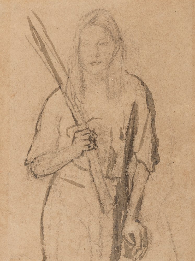Garota de pé com poste de madeira na mão (lápis & lavagem em papel) de Gwen John